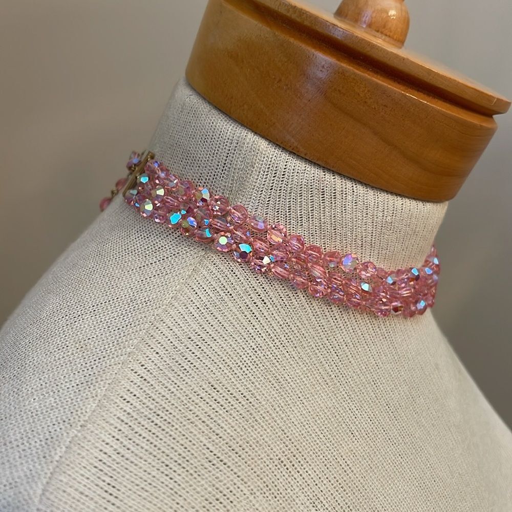 Vintage Three Strand Pink AB Crystal Necklace - Choker - Picture 7 of 16